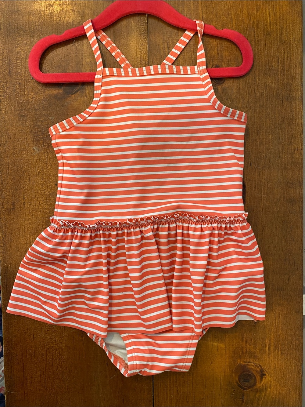 Hanna Andersson Coral and White Stripe One-Piece Swimsuit with Skirt